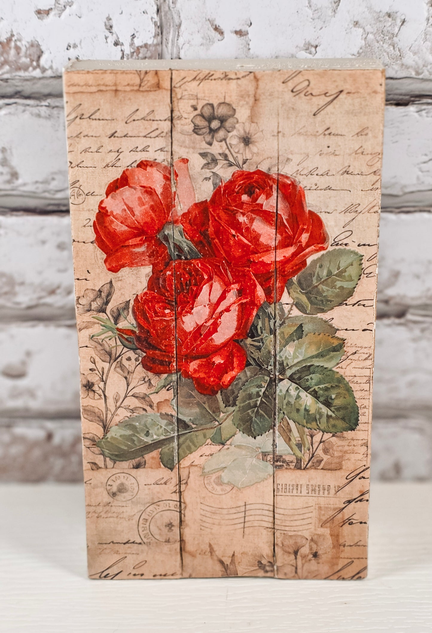 Handmade Upcycled Vintage Rose Shelf Sitter | Decoupage Cottage Decor | Floral Farmhouse Block