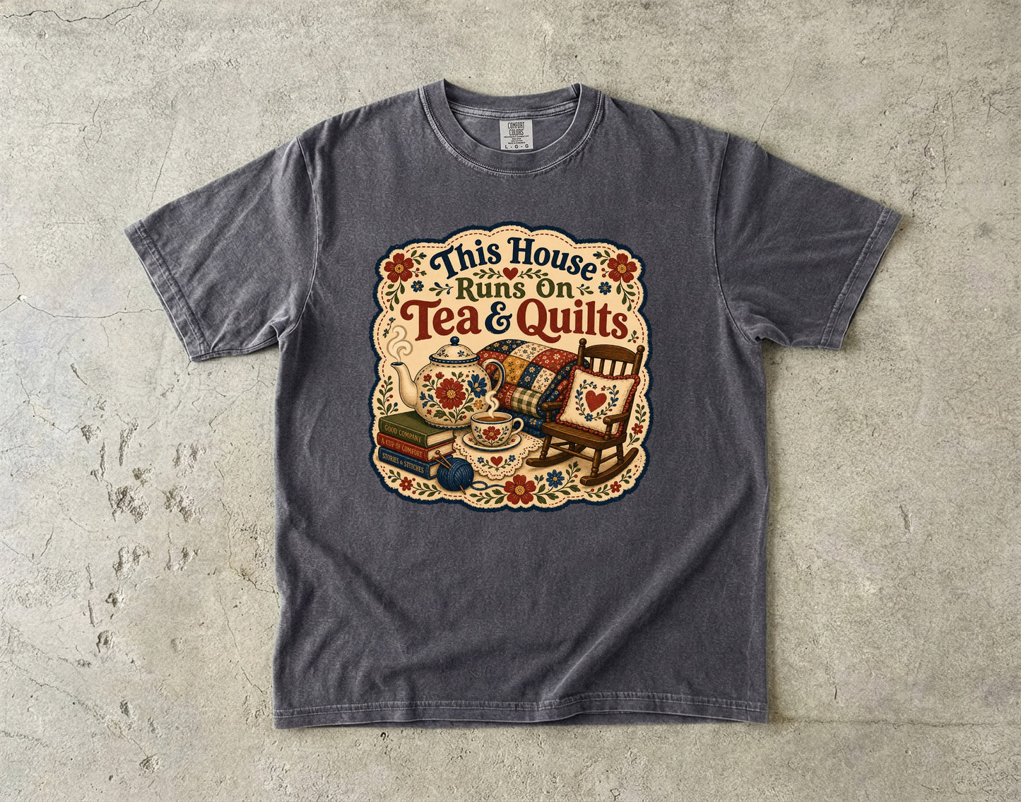This House Runs On Tea And Quilts Vintage Tee | Grandmacore Rocking Chair Shirt | Gift for Quilters