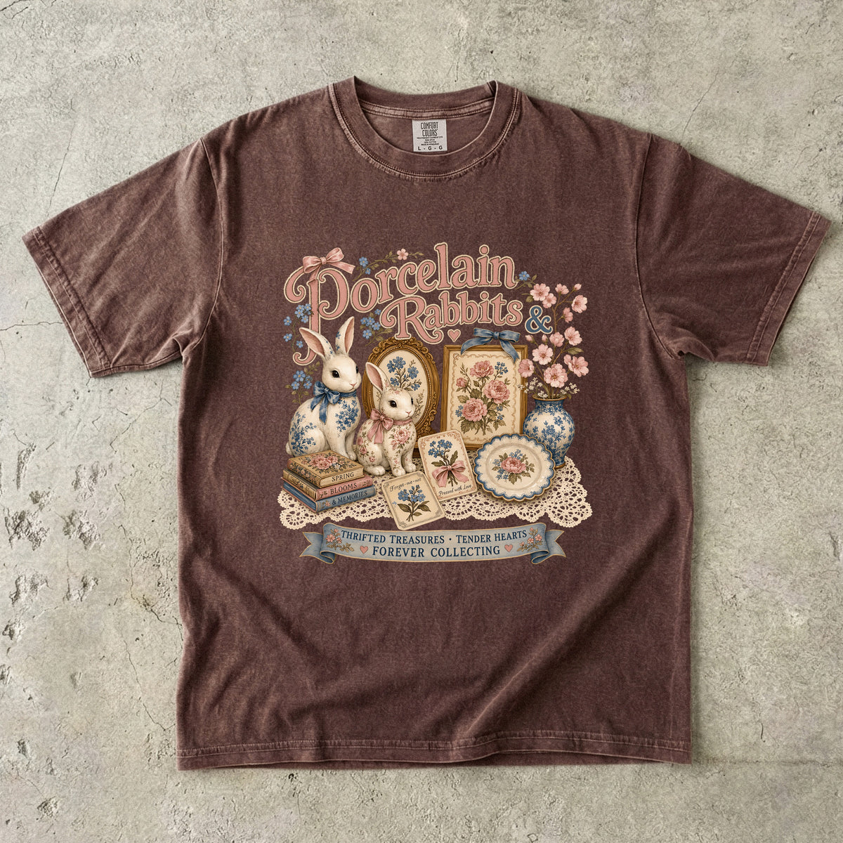 Porcelain Rabbits And Pressed Flowers Vintage Tee | Grandmacore Collector Shirt | Gift for Vintage Collectors
