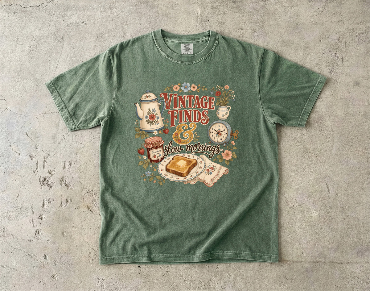 Vintage Finds and Slow Mornings Tee | Farmhouse Kitchen Shirt | Gift for Vintage Lovers
