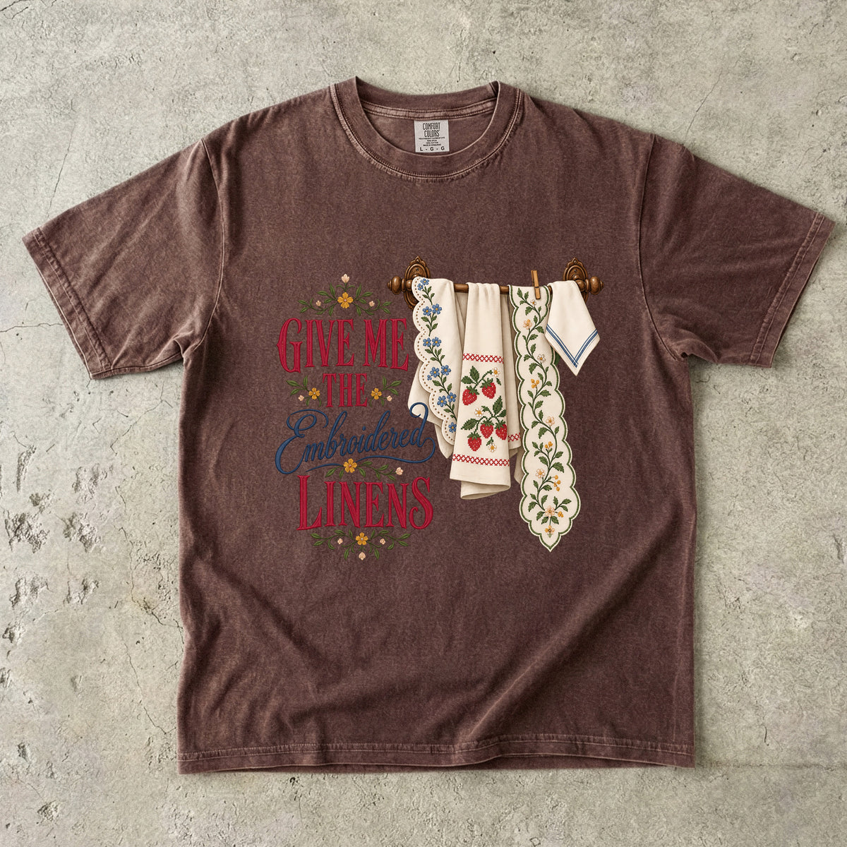 Give Me the Embroidered Linens Vintage Tee | Vintage Tea Towel Shirt | Gift for Linen Lovers
