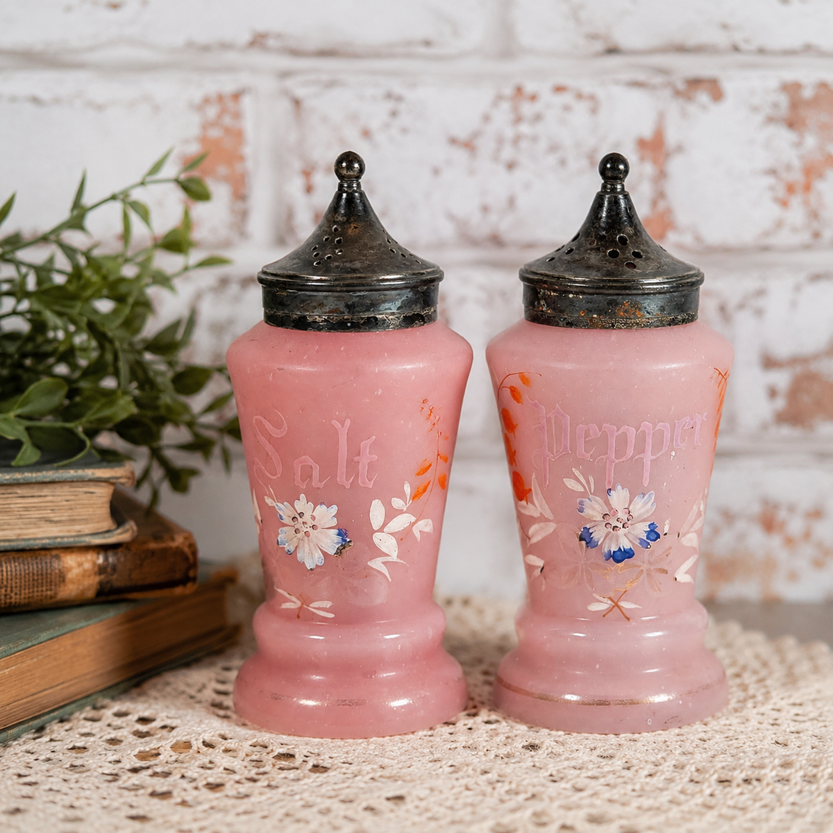 Antique Victorian Pink Satin Glass Salt & Pepper Shakers | Hand Painted Floral | Vintage Kitchen Decor