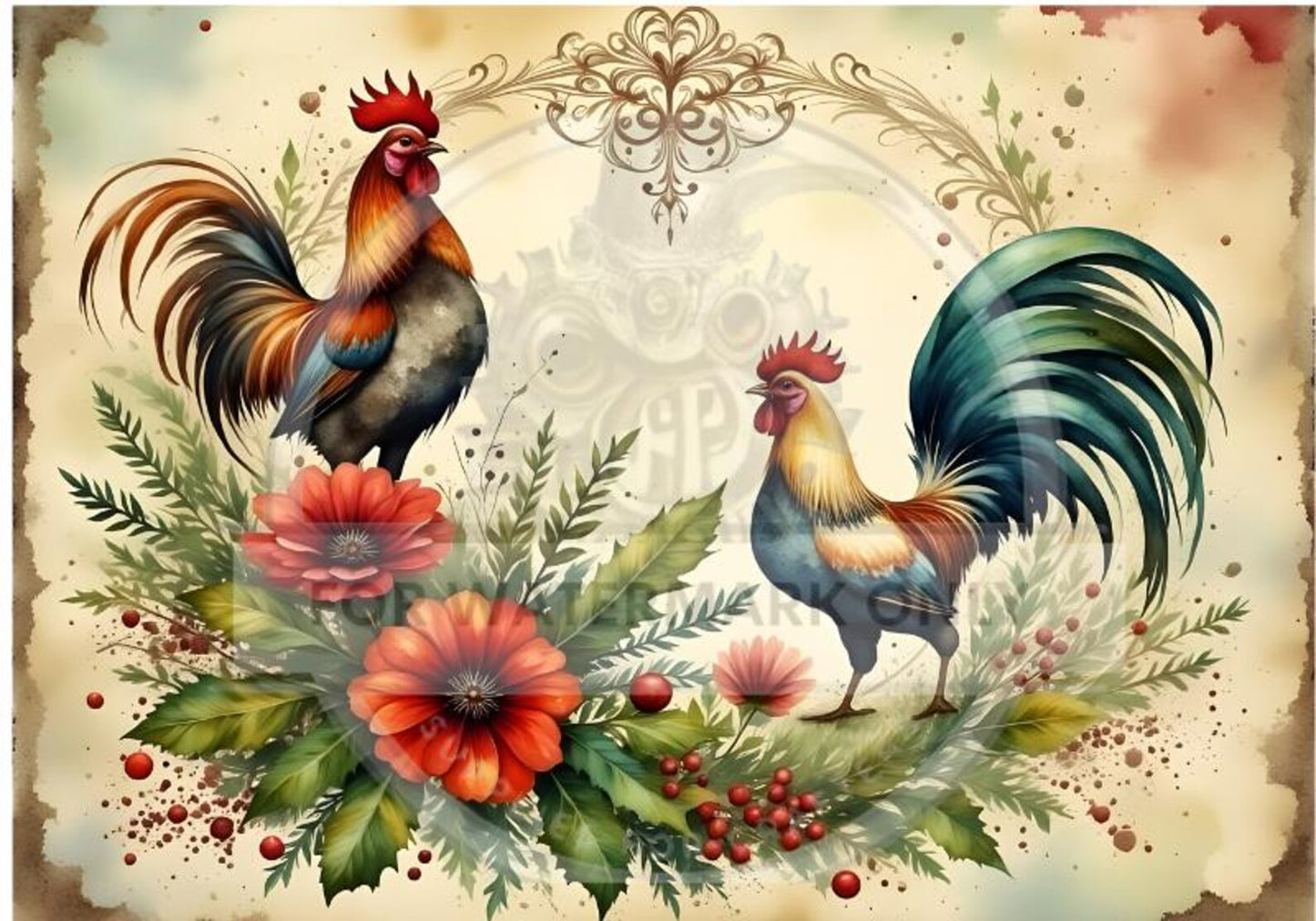 Country Roosters and Bloom Rice Paper