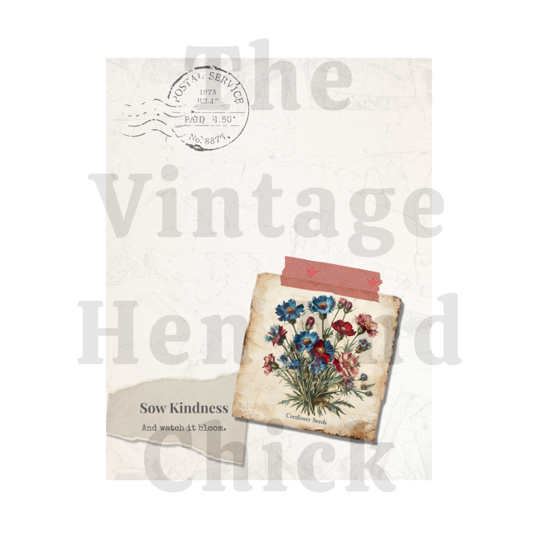 Sow Kindness Seed Packet Printable – Vintage Floral Ephemera for Wall Art & Junk Journaling (PDF)