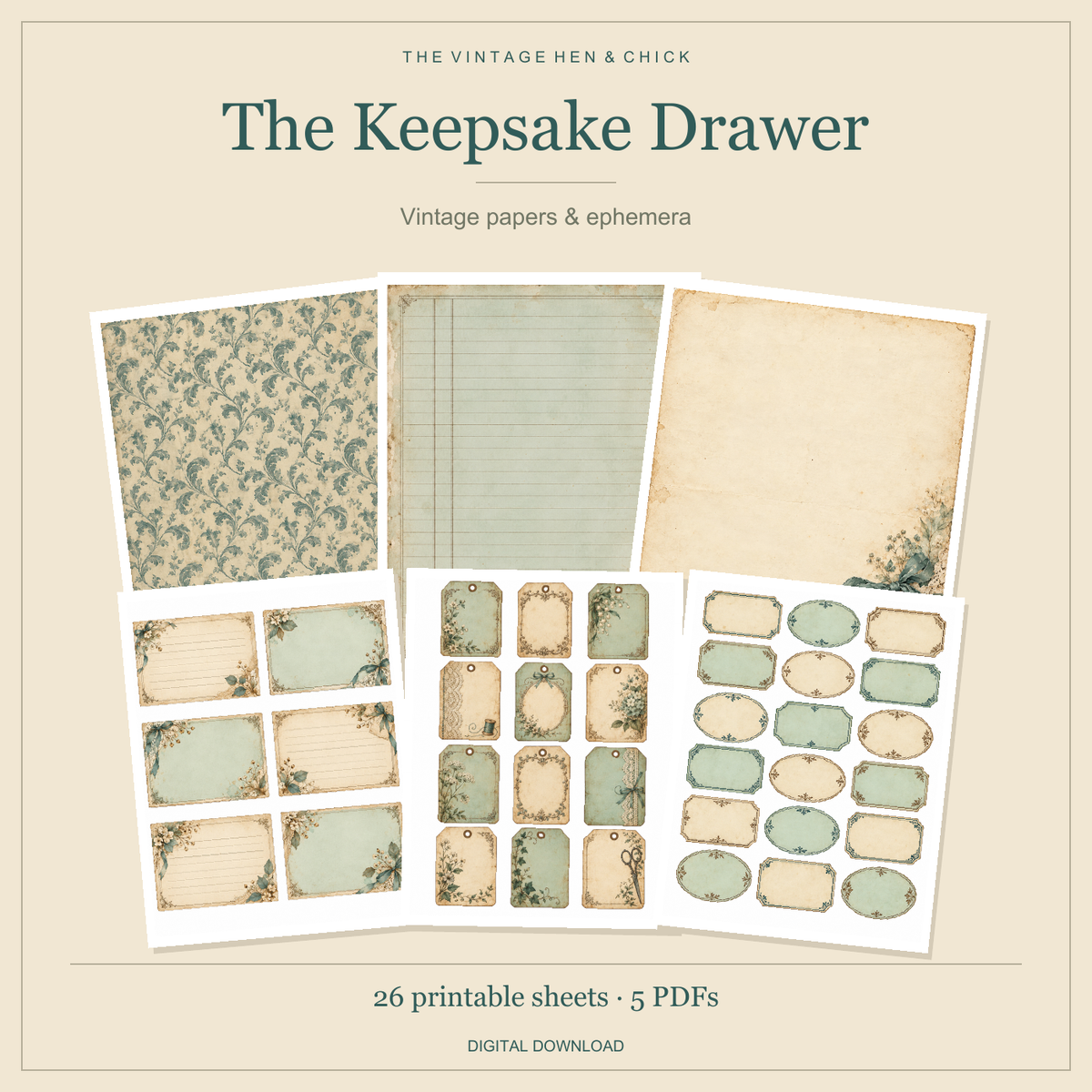 The Keepsake Drawer vintage printable papers and ephemera in teal, mint and cream; 26 sheets in five PDFs.
