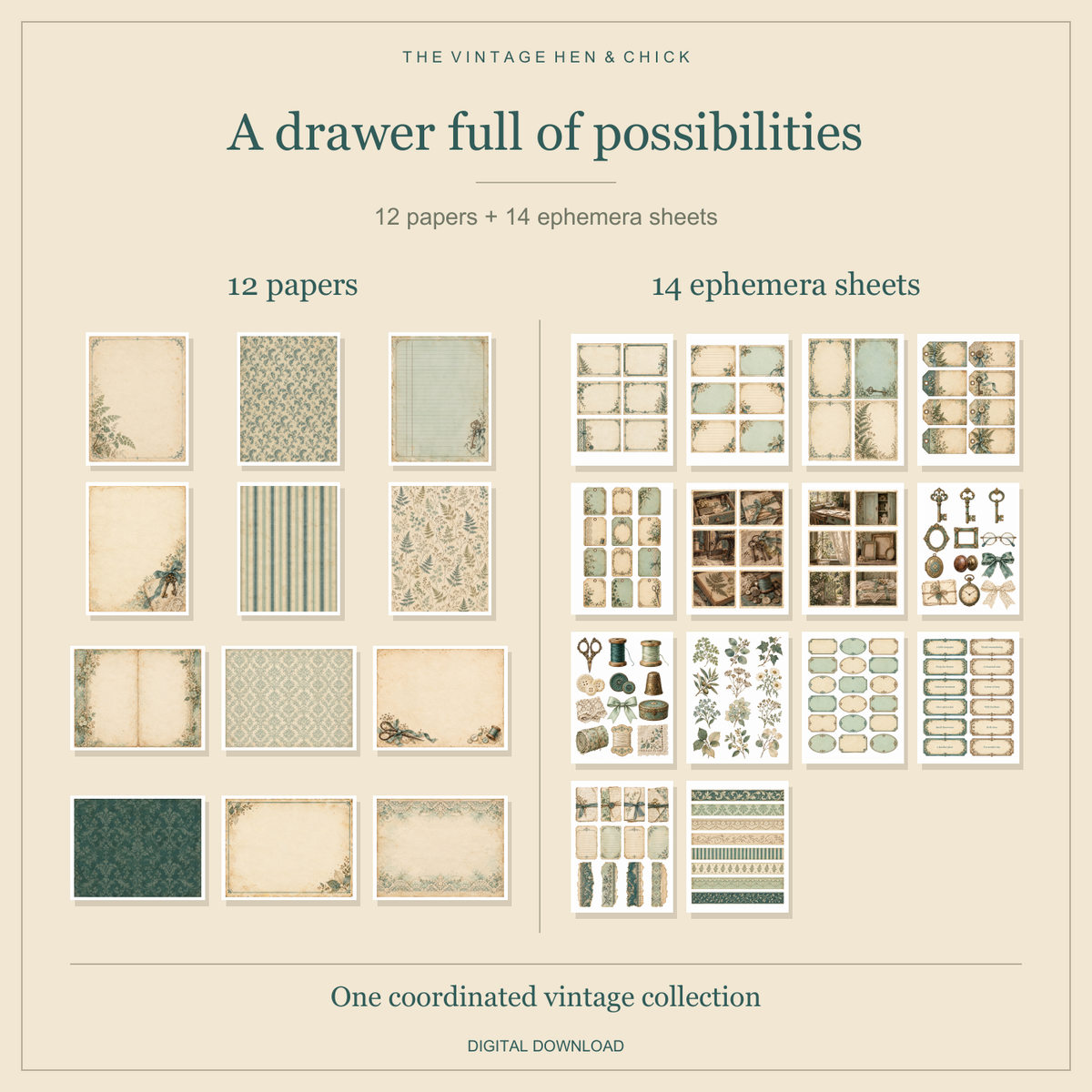Contents overview showing 12 papers and 14 ephemera sheets.
