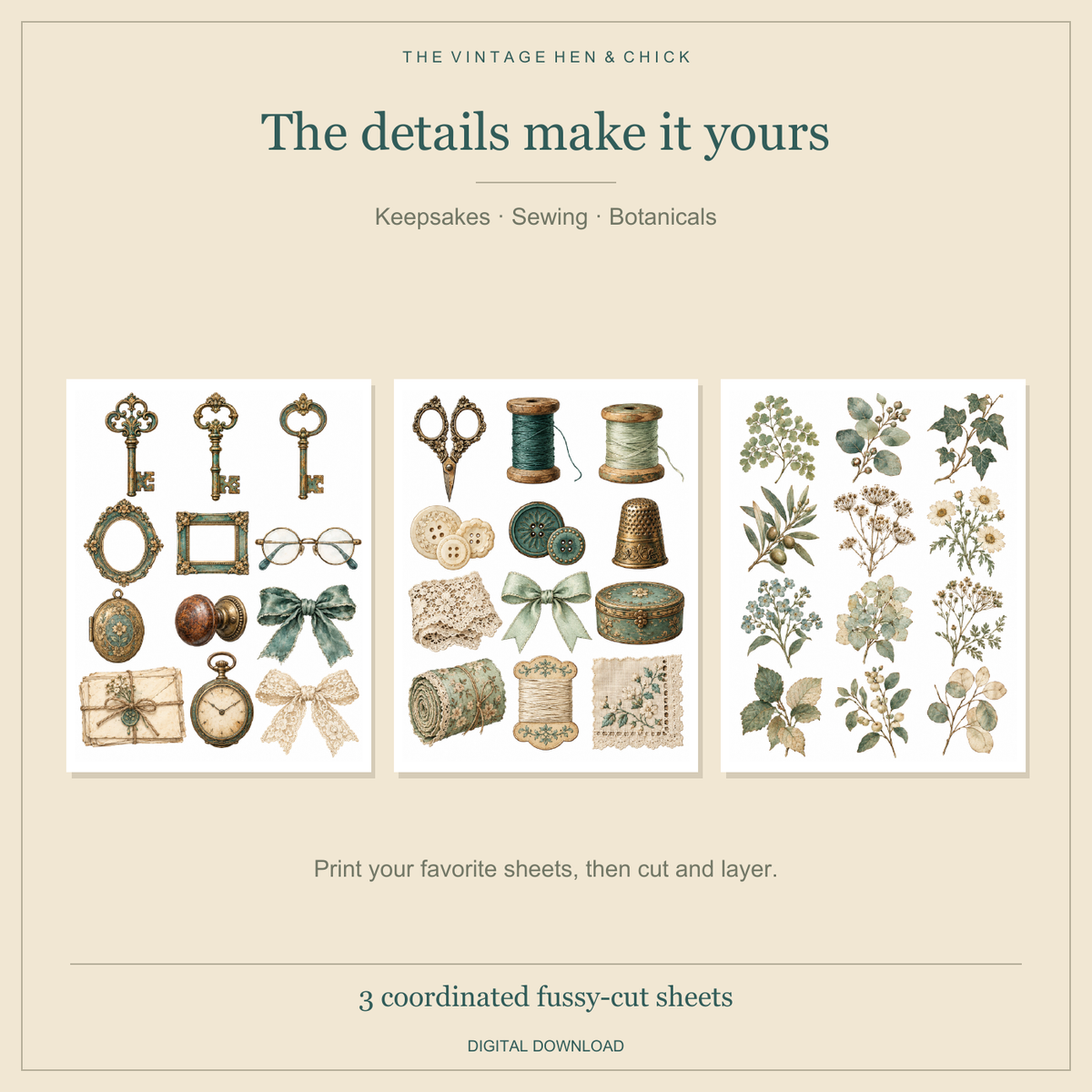 Three fussy-cut sheets featuring antique keepsakes, sewing motifs and botanical illustrations.