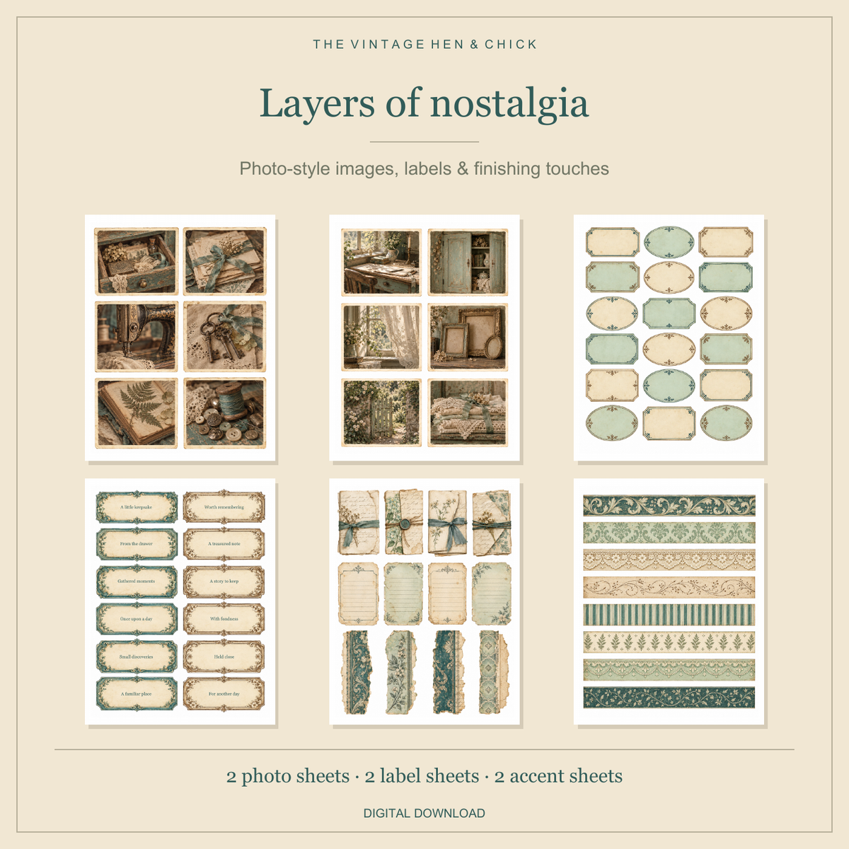 Two photo-style image sheets, two label sheets and two decorative accent sheets.