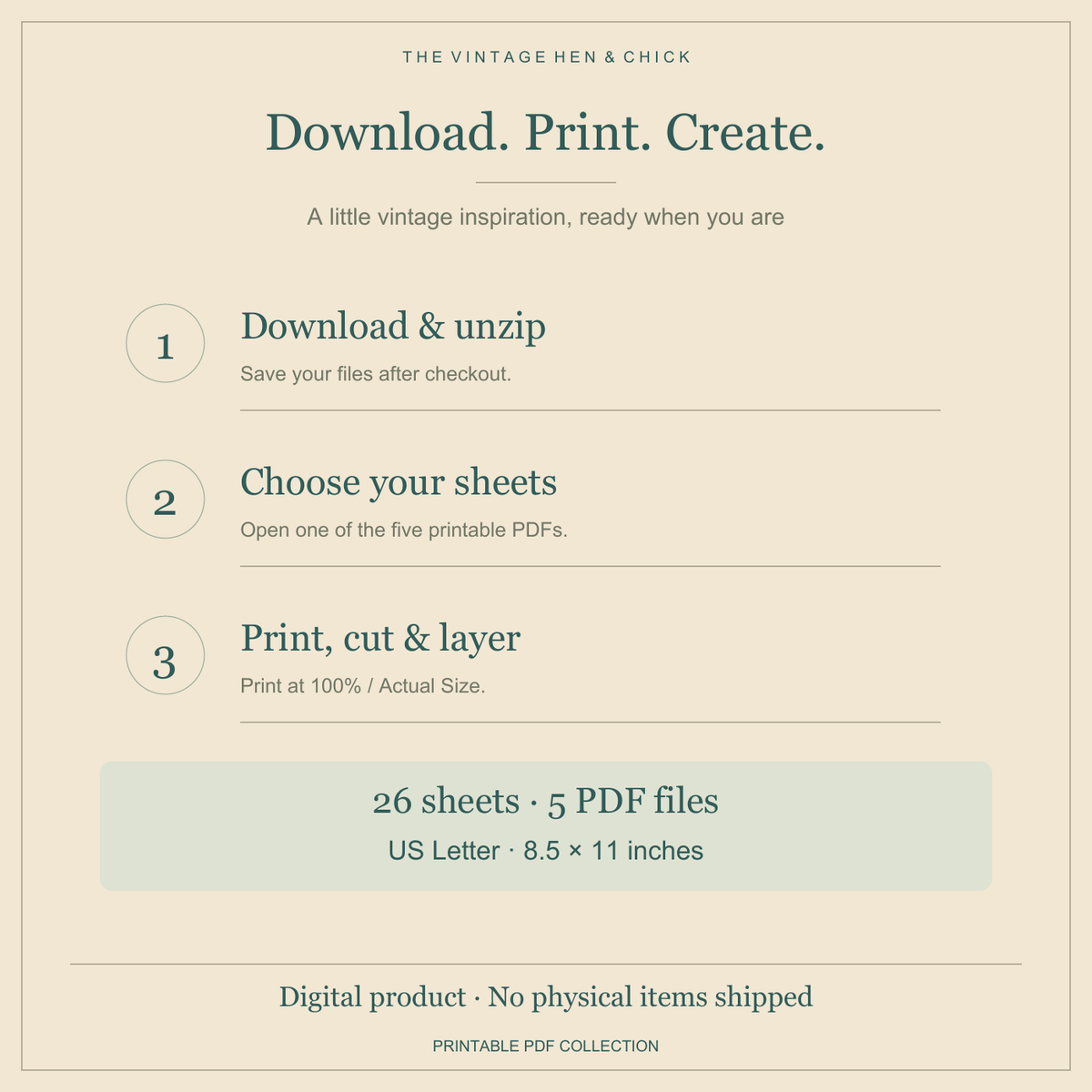 Download and unzip, choose sheets, then print at actual size, cut and layer; US Letter PDFs.