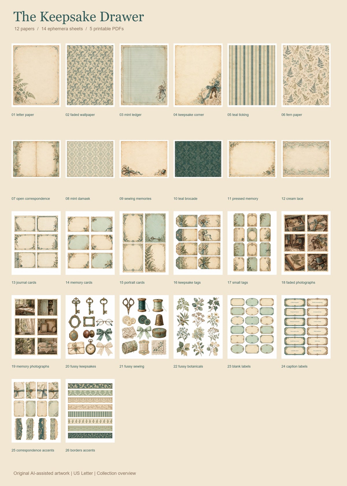 Exact overview of all 26 included printable sheets.