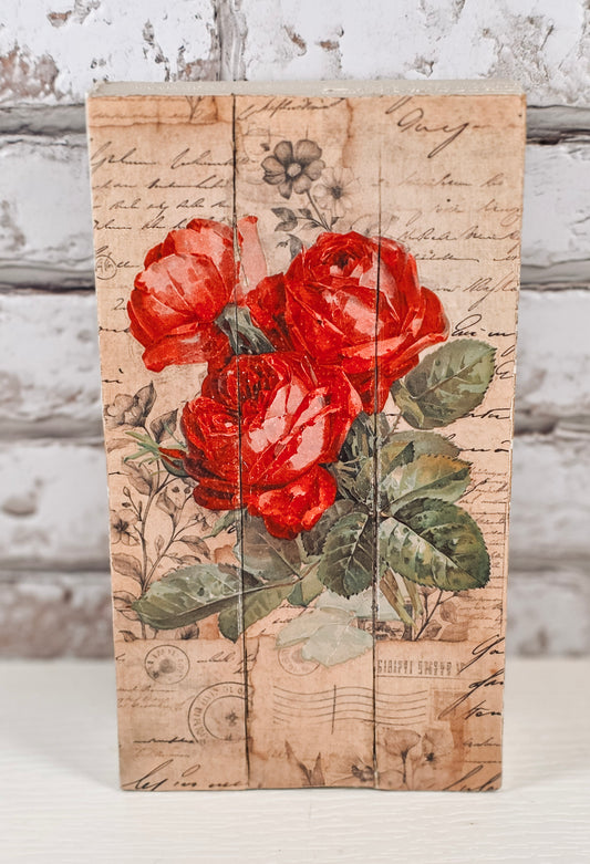 Handmade Upcycled Vintage Rose Shelf Sitter | Decoupage Cottage Decor | Floral Farmhouse Block