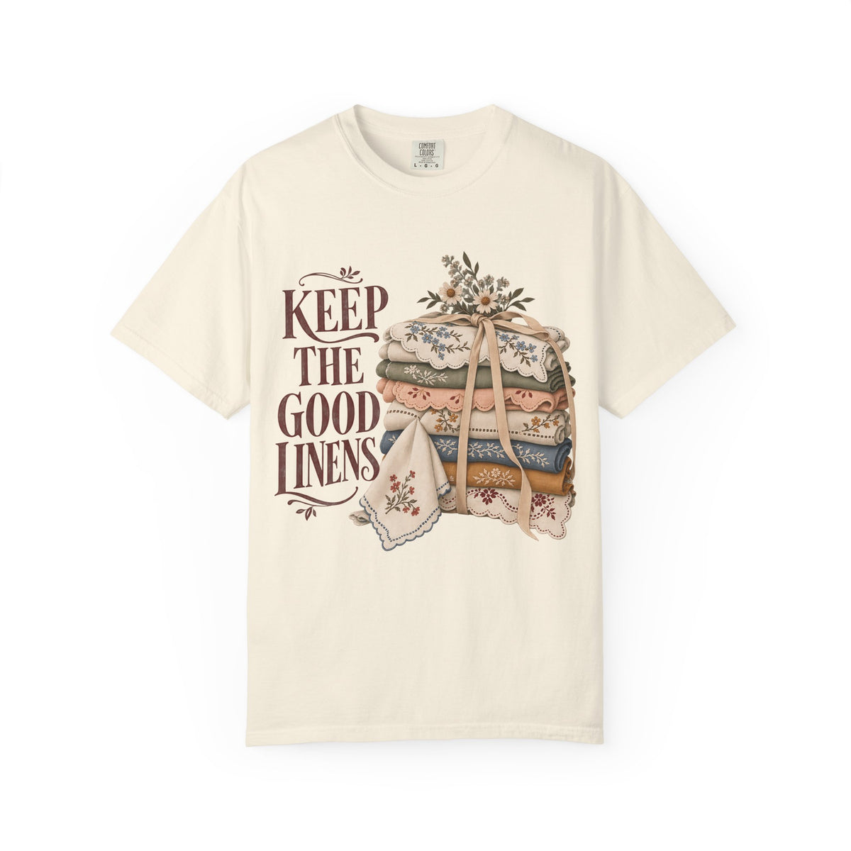 Keep the Good Linens Vintage Tee | Embroidered Linen Stack Shirt | Gift for Thrifters & Grandmacore Lovers