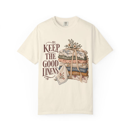 Keep the Good Linens Vintage Tee | Embroidered Linen Stack Shirt | Gift for Thrifters & Grandmacore Lovers