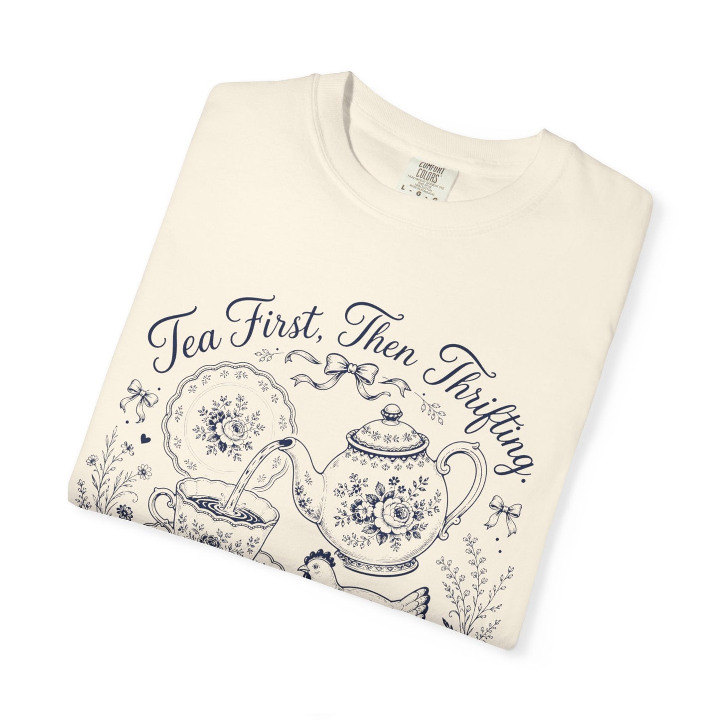 Tea First Then Thrifting Vintage Tee | Grandmacore Toile Shirt | Gift for Tea Lovers & Thrifters