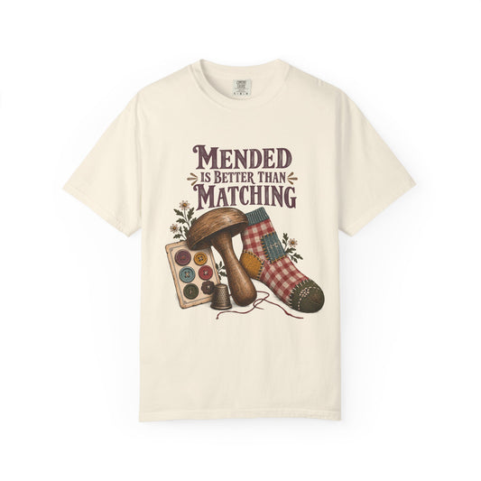 Mended Is Better Than Matching Vintage Tee | Darning Sock Sewing Shirt | Gift for Sewists & Grandmacore Lovers