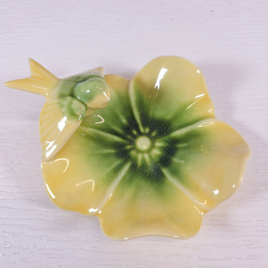 Vintage Flower & Bird Ceramic Trinket Dish | Yellow Green Floral Catchall