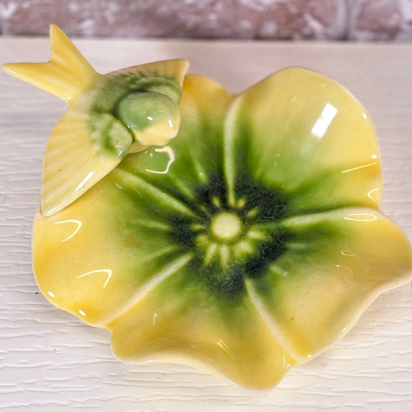 Vintage Flower & Bird Ceramic Trinket Dish | Yellow Green Floral Catchall