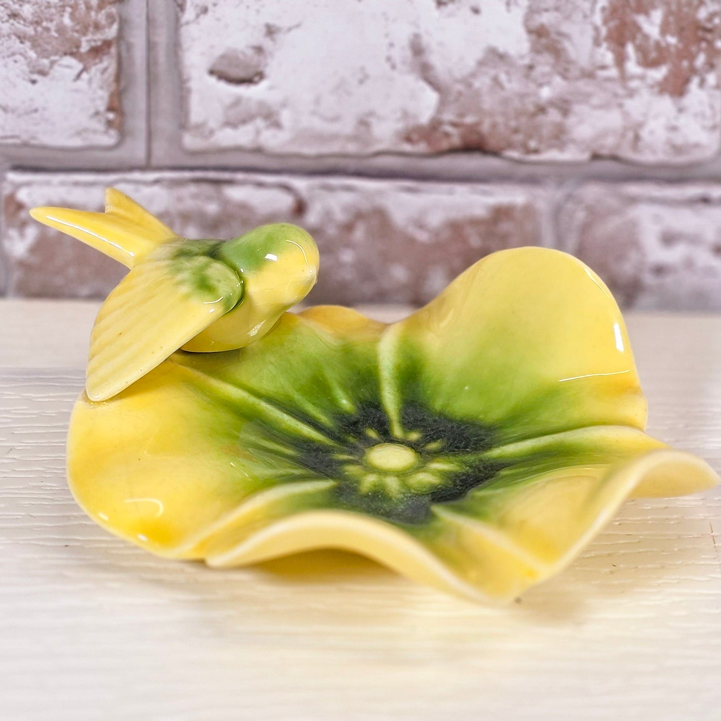 Vintage Flower & Bird Ceramic Trinket Dish | Yellow Green Floral Catchall