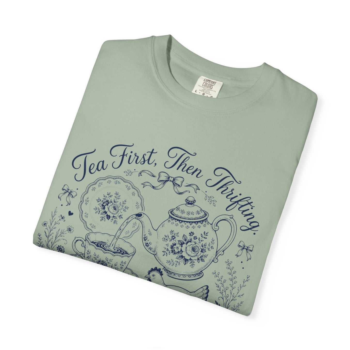 Tea First Then Thrifting Vintage Tee | Grandmacore Toile Shirt | Gift for Tea Lovers & Thrifters