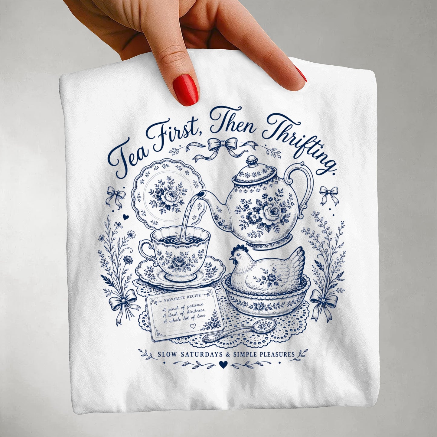 Tea First Then Thrifting Vintage Tee | Grandmacore Toile Shirt | Gift for Tea Lovers & Thrifters