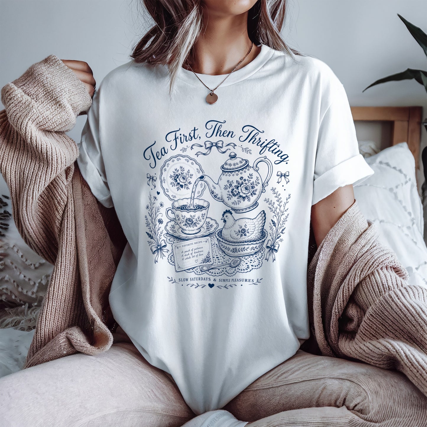 Tea First Then Thrifting Vintage Tee | Grandmacore Toile Shirt | Gift for Tea Lovers & Thrifters
