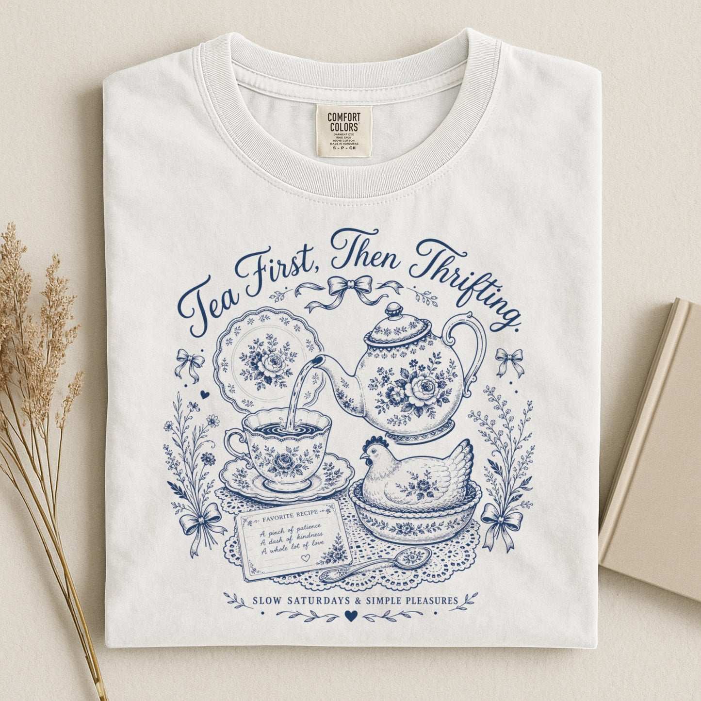 Tea First Then Thrifting Vintage Tee | Grandmacore Toile Shirt | Gift for Tea Lovers & Thrifters