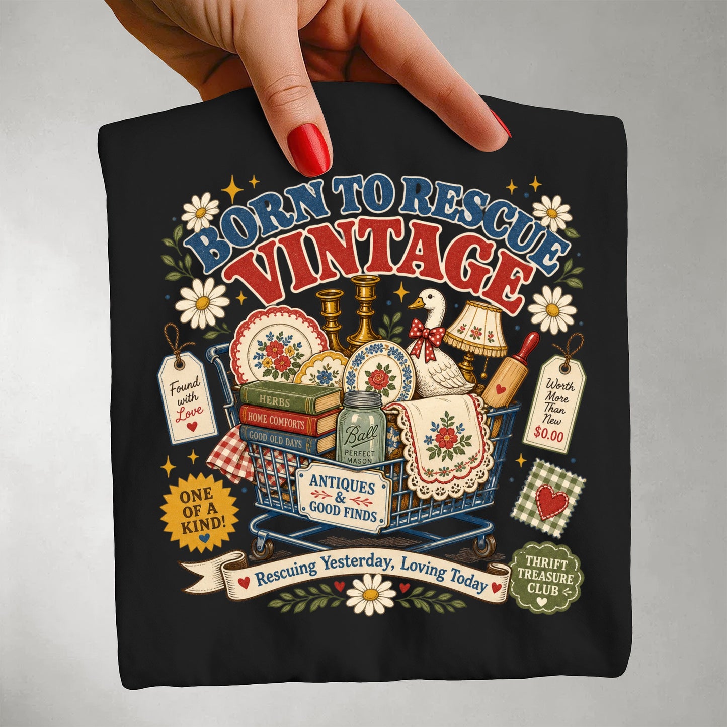 Born To Rescue Vintage Tee | Thrift Treasure Club Shirt | Funny Antiquing Gift for Thrifters