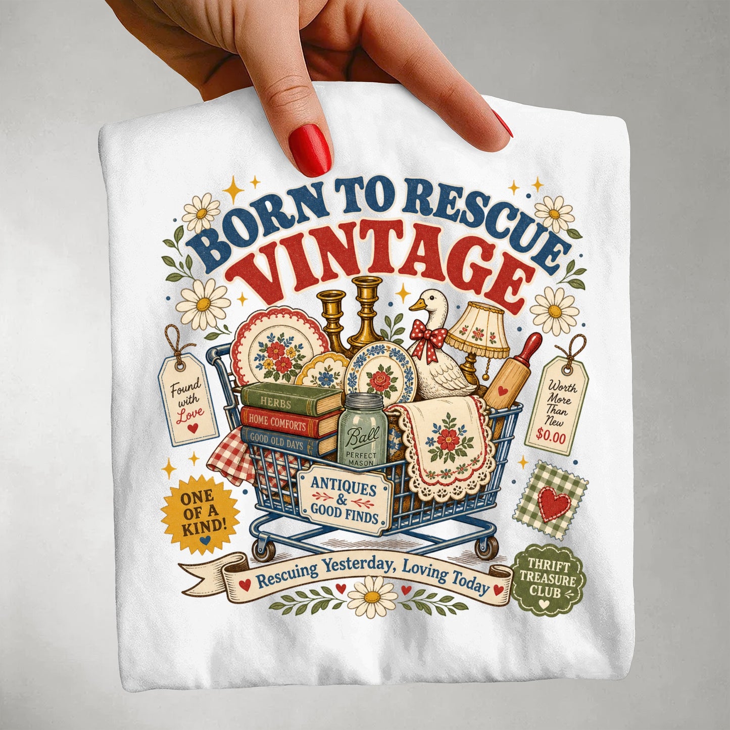 Born To Rescue Vintage Tee | Thrift Treasure Club Shirt | Funny Antiquing Gift for Thrifters