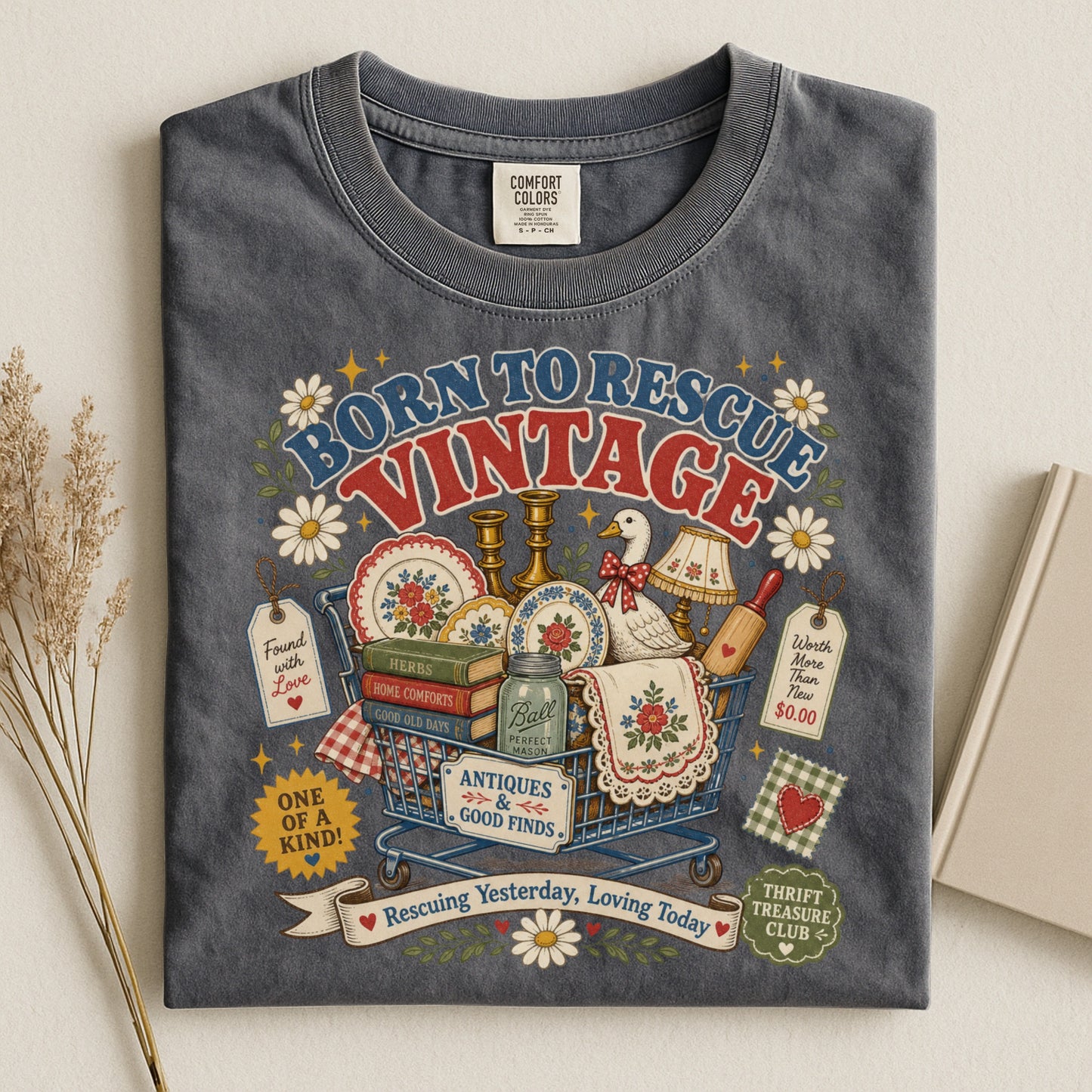 Born To Rescue Vintage Tee | Thrift Treasure Club Shirt | Funny Antiquing Gift for Thrifters