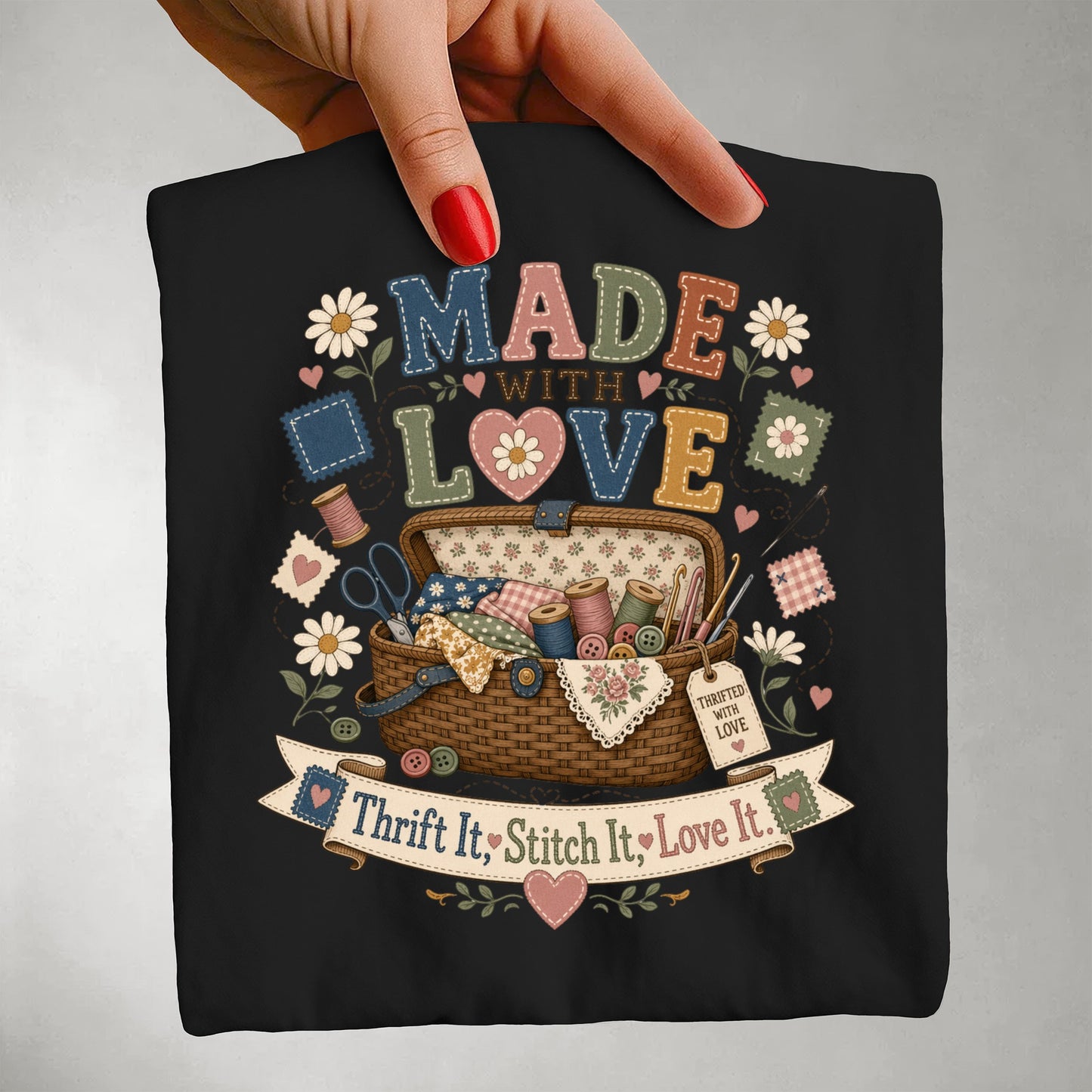 Made With Love Vintage Tee | Thrift It Stitch It Love It Shirt | Gift for Sewers & Crafters