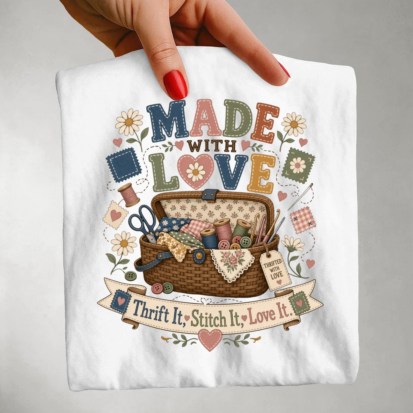 Made With Love Vintage Tee | Thrift It Stitch It Love It Shirt | Gift for Sewers & Crafters