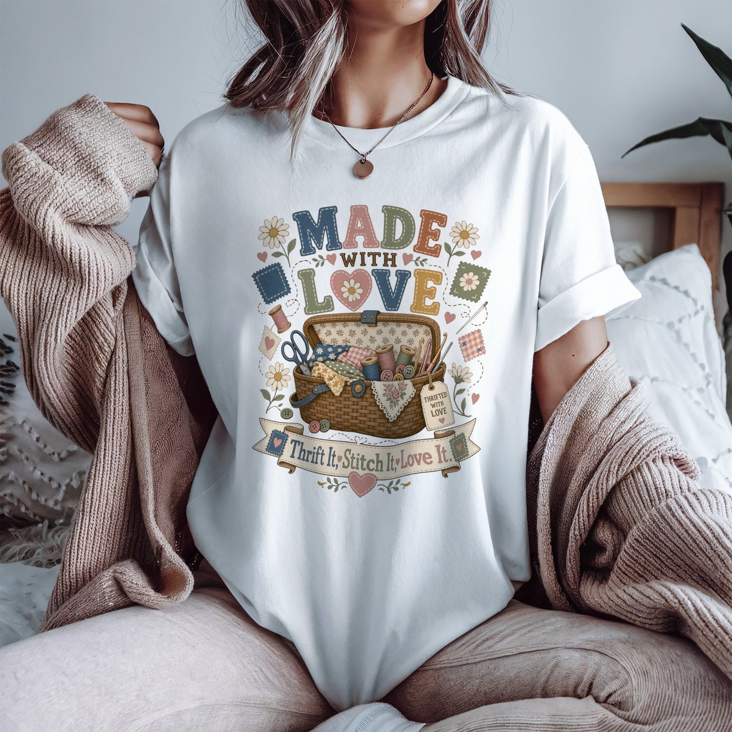 Made With Love Vintage Tee | Thrift It Stitch It Love It Shirt | Gift for Sewers & Crafters