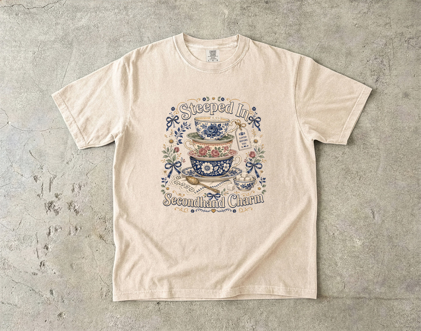 Steeped In Secondhand Charm Vintage Tee | Grandmacore Tea Lover Shirt | Gift for Thrifters