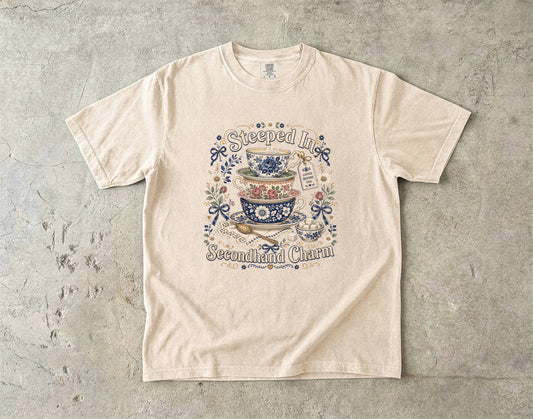 Steeped In Secondhand Charm Vintage Tee | Grandmacore Tea Lover Shirt | Gift for Thrifters