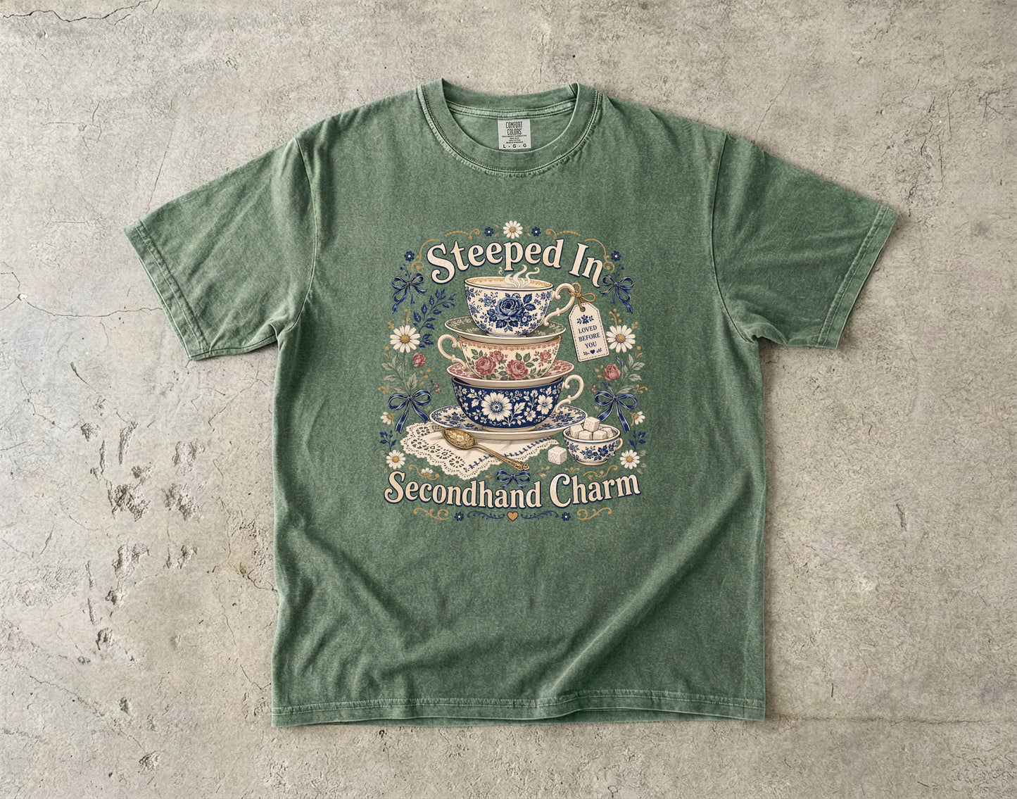 Steeped In Secondhand Charm Vintage Tee | Grandmacore Tea Lover Shirt | Gift for Thrifters