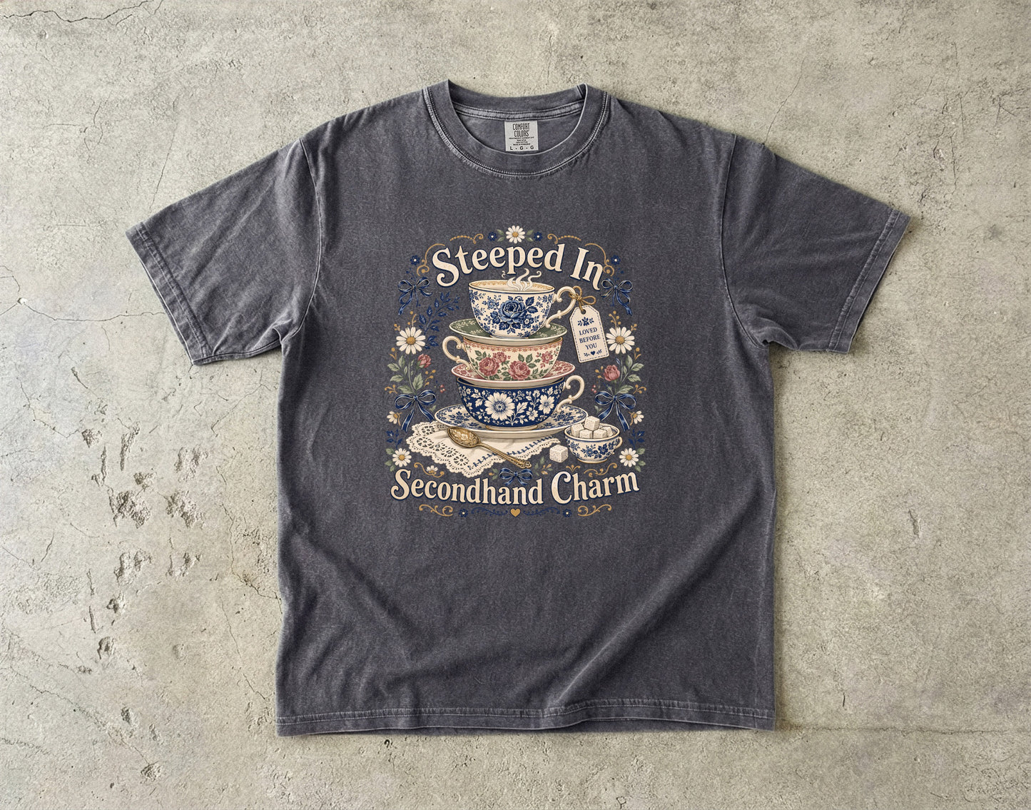 Steeped In Secondhand Charm Vintage Tee | Grandmacore Tea Lover Shirt | Gift for Thrifters
