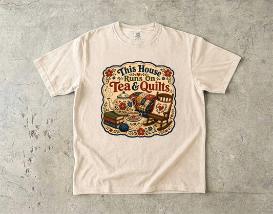 This House Runs On Tea And Quilts Vintage Tee | Grandmacore Rocking Chair Shirt | Gift for Quilters