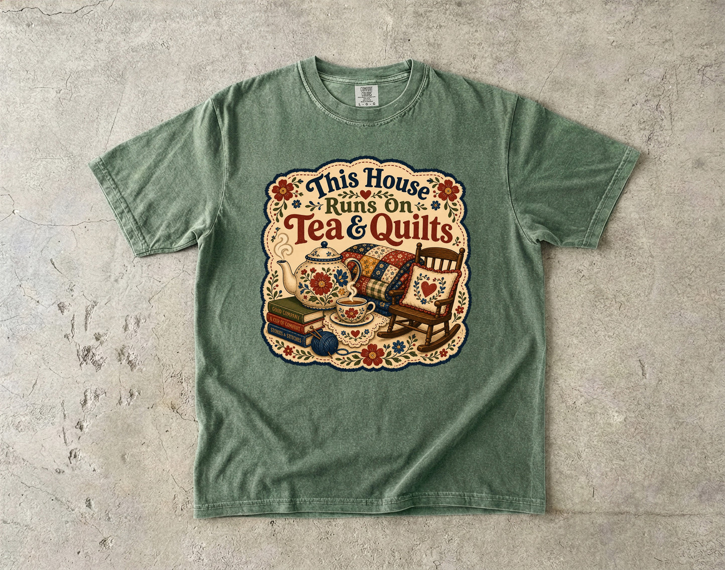 This House Runs On Tea And Quilts Vintage Tee | Grandmacore Rocking Chair Shirt | Gift for Quilters