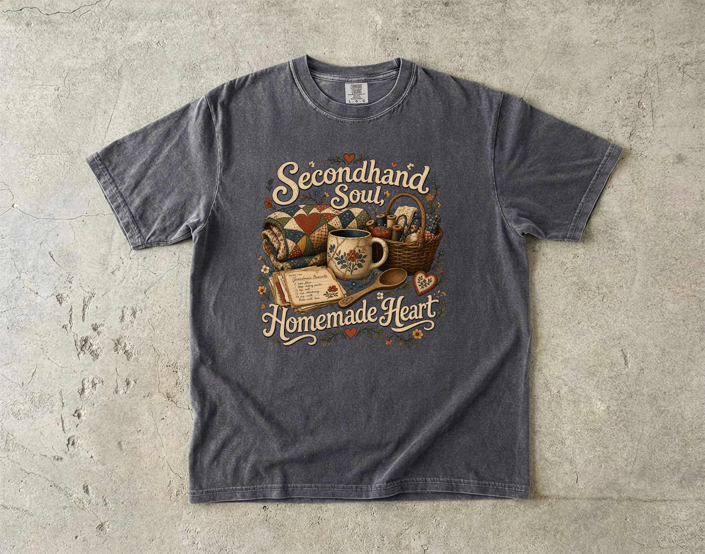 Secondhand Soul, Homemade Heart Vintage Tee | Grandmacore Quilt Basket Shirt | Gift for Thrifters