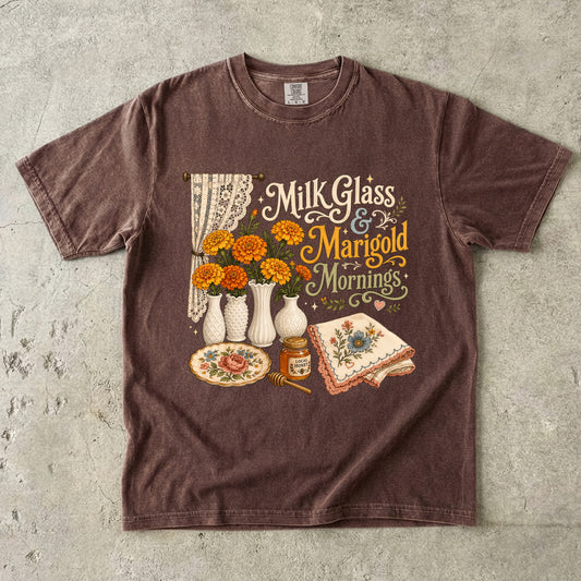 Milk Glass And Marigold Mornings Vintage Tee | Grandmacore Cottage Shirt | Gift for Vintage Home Lovers