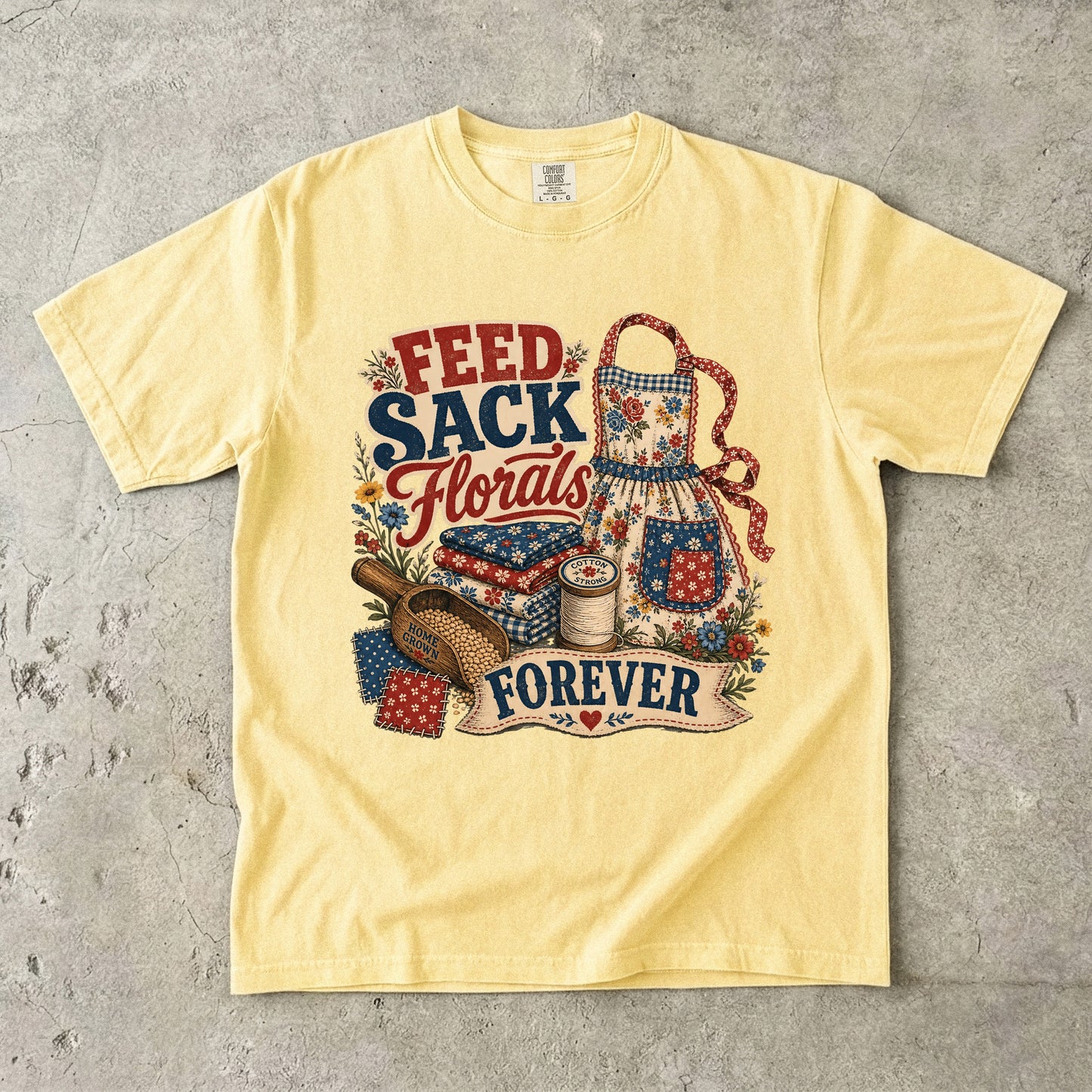Feed Sack Florals Forever Vintage Tee | Grandmacore Farmhouse Apron Shirt | Gift for Vintage Home Lovers