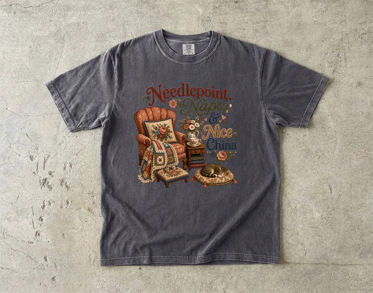Needlepoint, Naps, And Nice China Vintage Tee | Grandmacore Armchair Shirt | Gift for Vintage Home Lovers