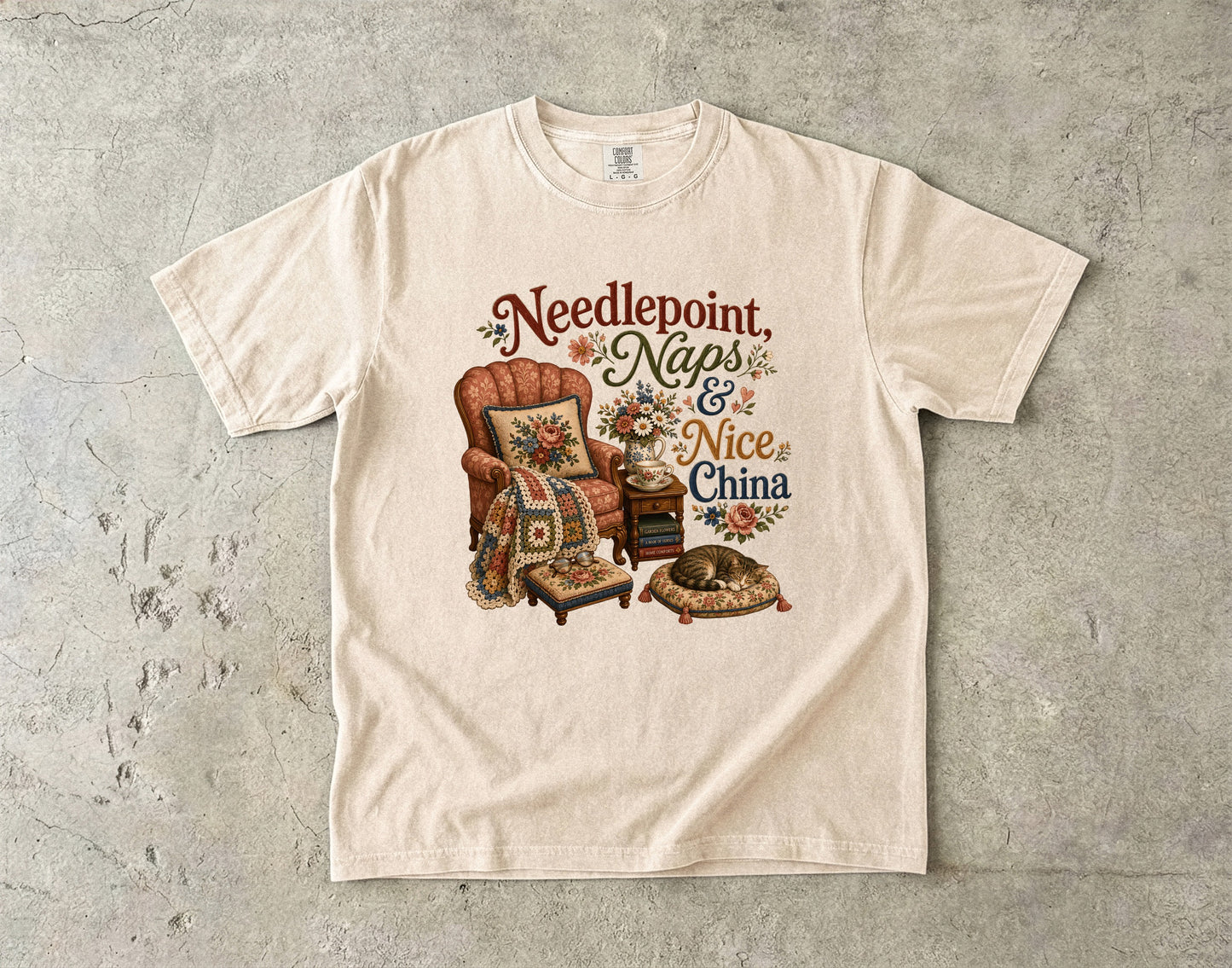 Needlepoint, Naps, And Nice China Vintage Tee | Grandmacore Armchair Shirt | Gift for Vintage Home Lovers