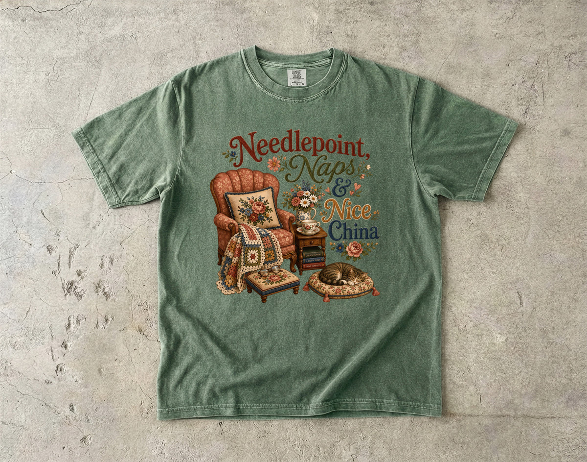 Needlepoint, Naps, And Nice China Vintage Tee | Grandmacore Armchair Shirt | Gift for Vintage Home Lovers