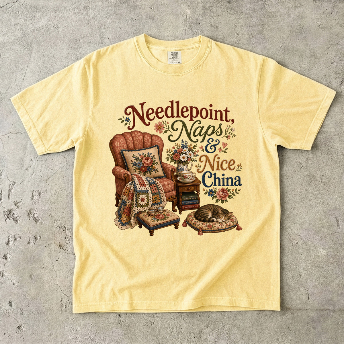Needlepoint, Naps, And Nice China Vintage Tee | Grandmacore Armchair Shirt | Gift for Vintage Home Lovers