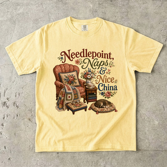 Needlepoint, Naps, And Nice China Vintage Tee | Grandmacore Armchair Shirt | Gift for Vintage Home Lovers
