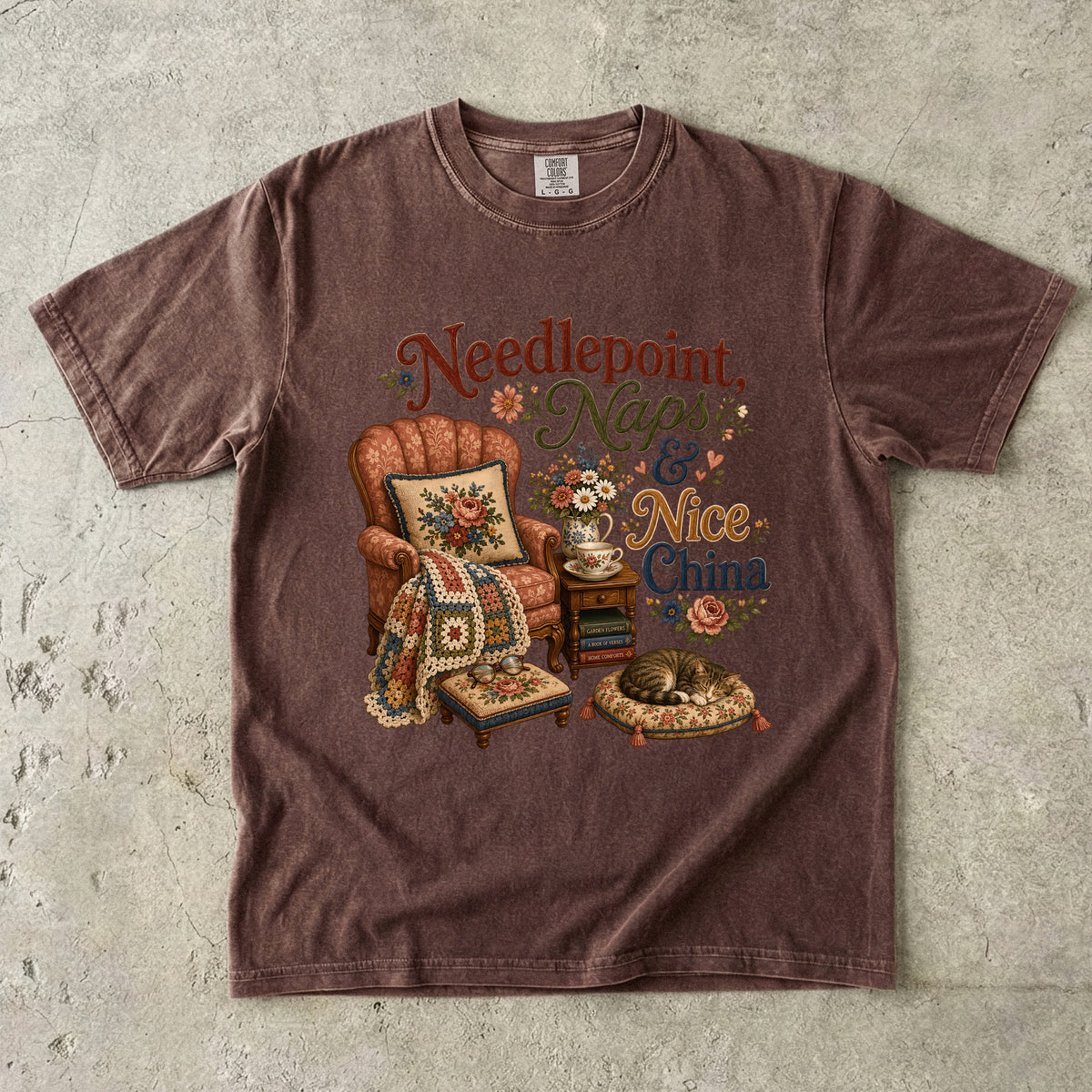 Needlepoint, Naps, And Nice China Vintage Tee | Grandmacore Armchair Shirt | Gift for Vintage Home Lovers