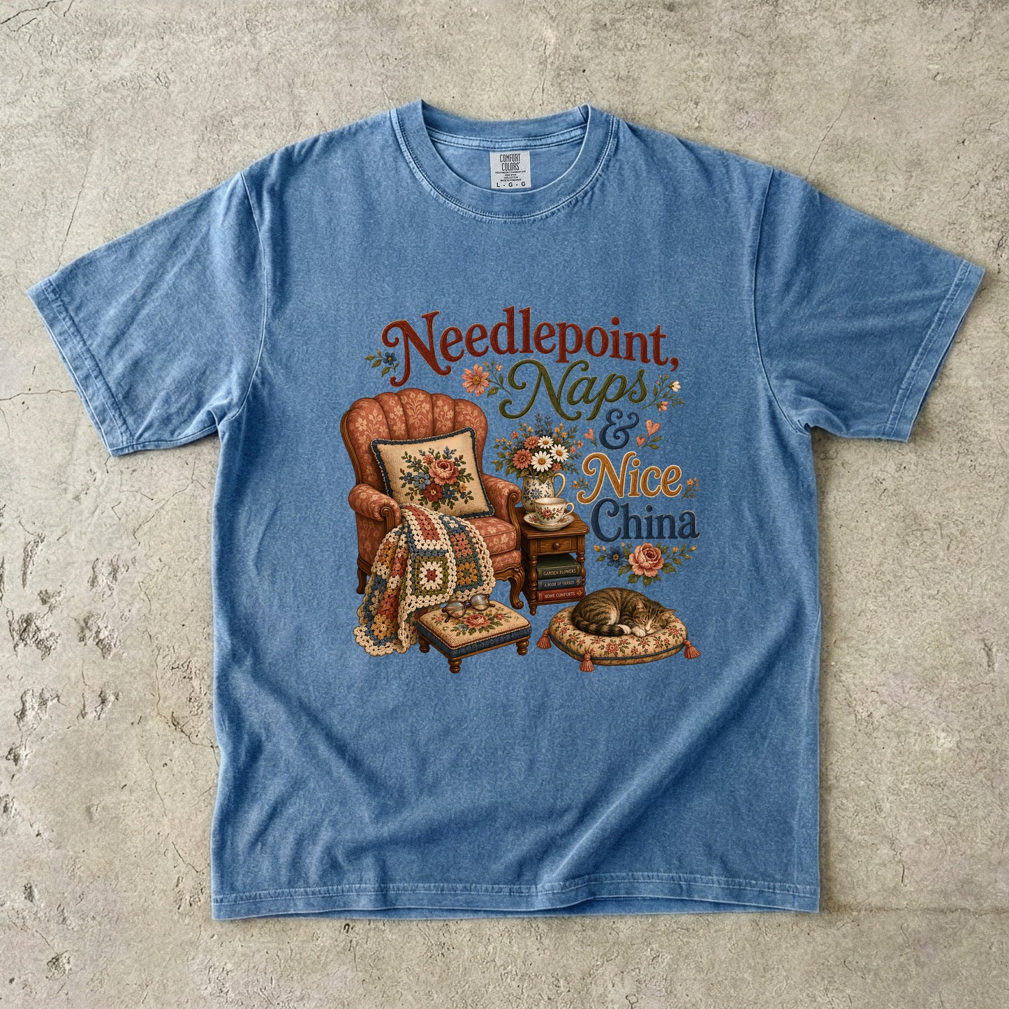 Needlepoint, Naps, And Nice China Vintage Tee | Grandmacore Armchair Shirt | Gift for Vintage Home Lovers