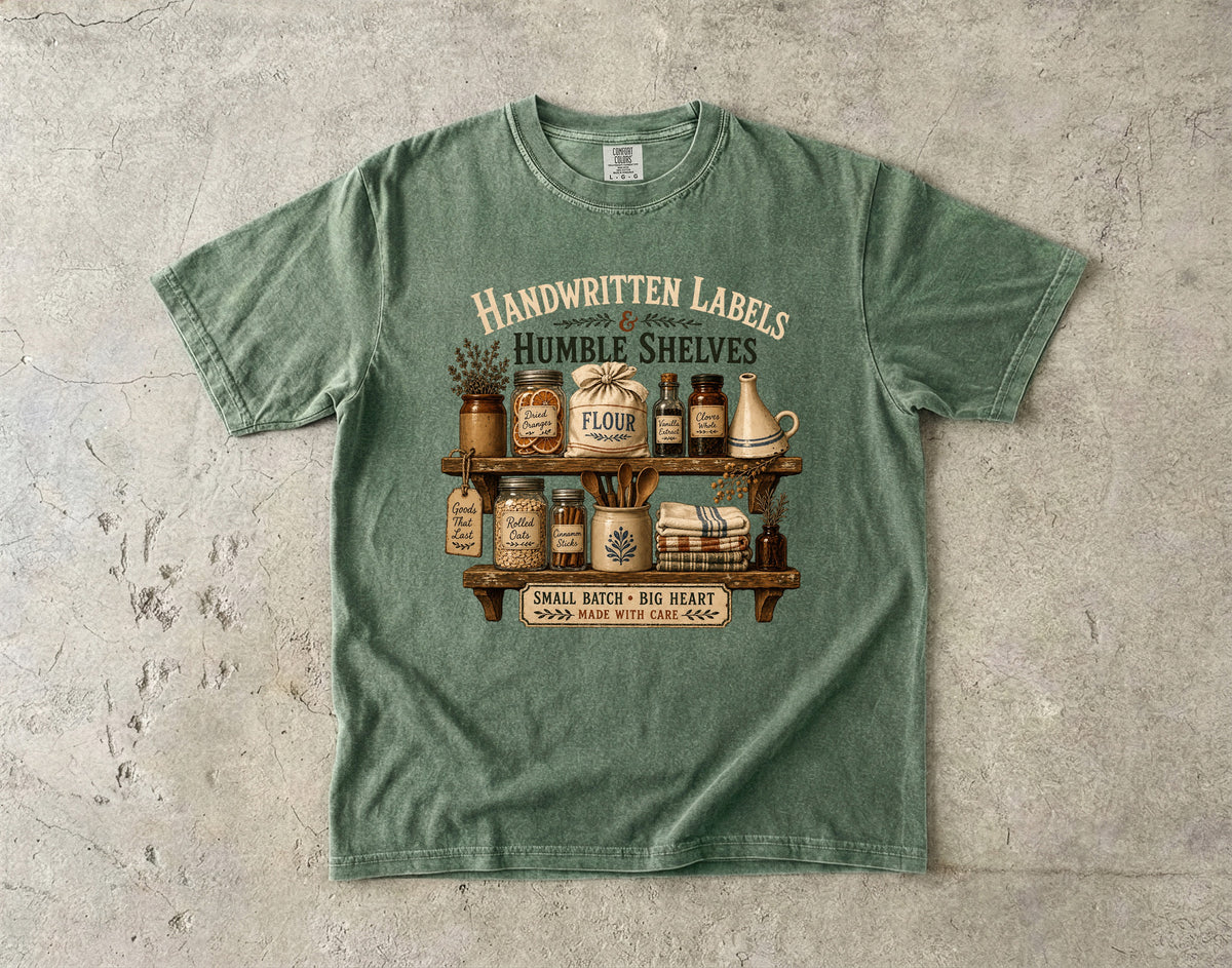 Handwritten Labels And Humble Shelves Vintage Tee | Grandmacore Pantry Shirt | Gift for Vintage Kitchen Lovers