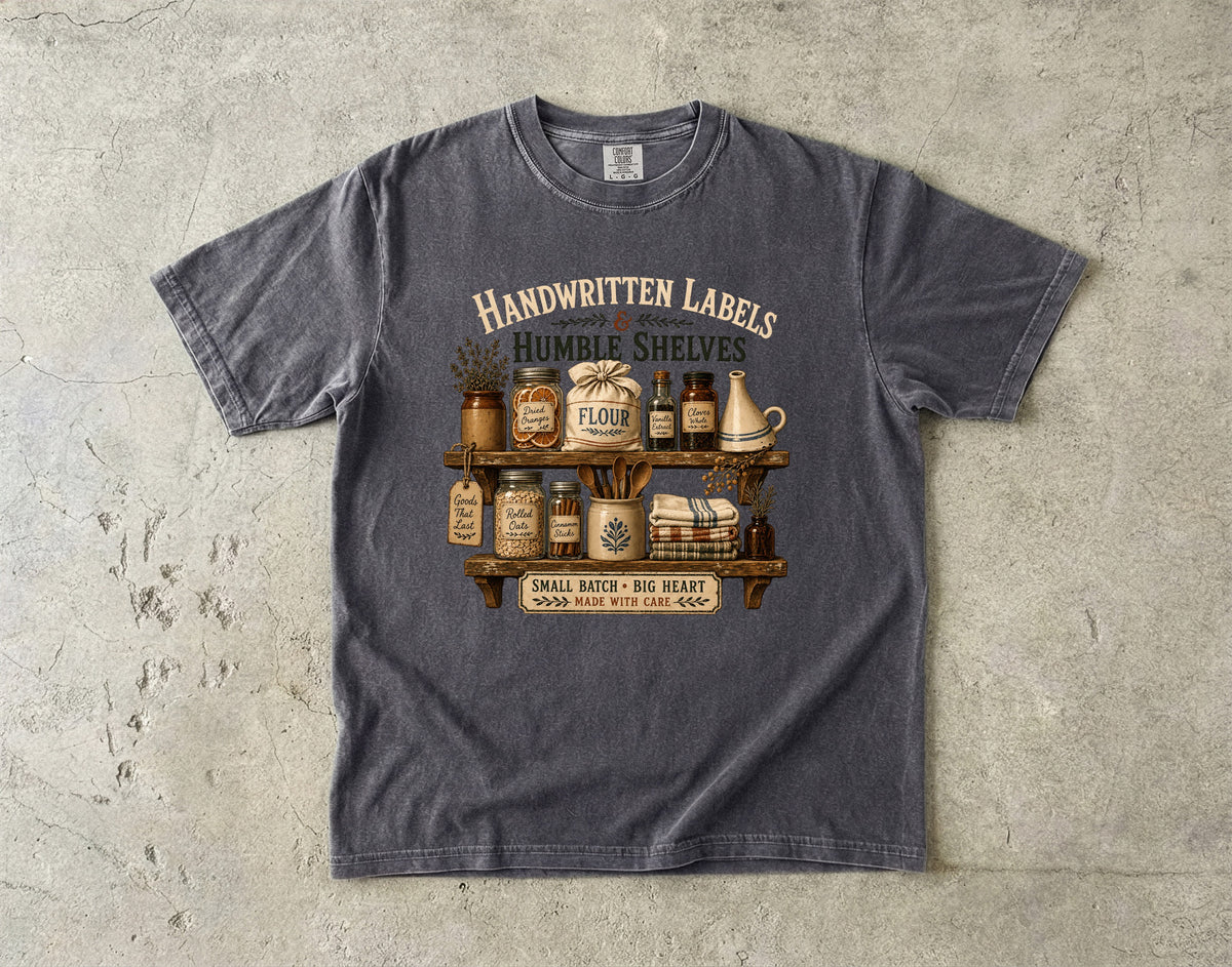 Handwritten Labels And Humble Shelves Vintage Tee | Grandmacore Pantry Shirt | Gift for Vintage Kitchen Lovers